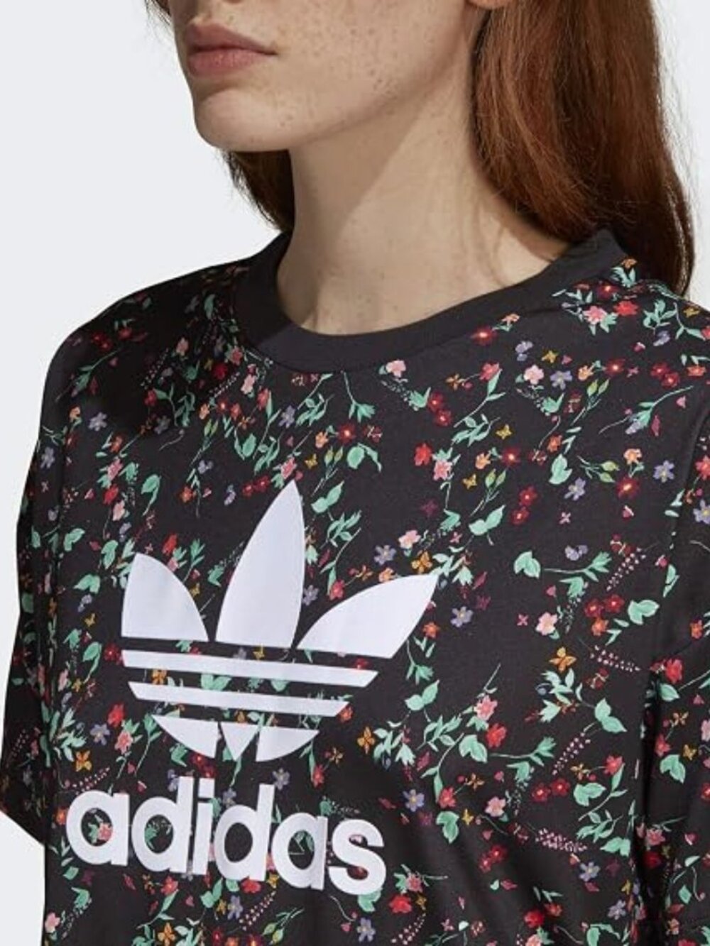 Adidas Originals Dress Women's Black Floral Dress Size L Crew Neck Short Sleeves
